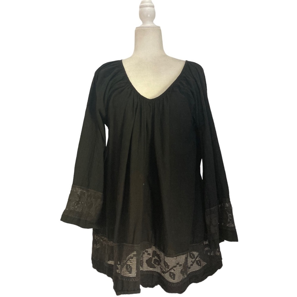 House of Woo California Tunic Blouse Top in Black Cotton Gauze with Pockets